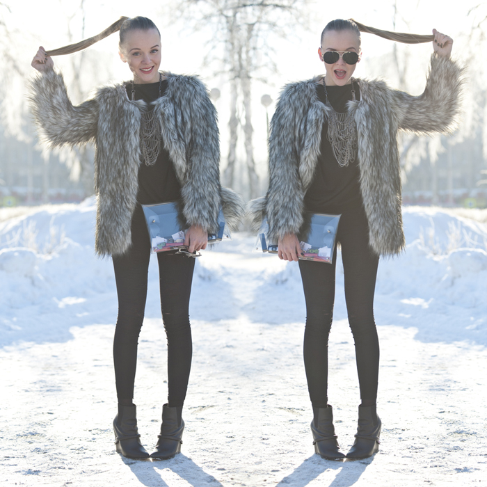 darya kamalova thecablook fashion style trend winter russia fake fur choies booties black grey giant vintage sunglasses