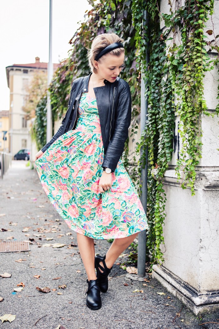 darya kamalova thecablook fashion blog street style outfit ootd pixie short hair russian blogger italy asos flower dress bershka cut out boots baldinini leather biker jacket proenza schouler ps11 bag unfinity ring-5 копия