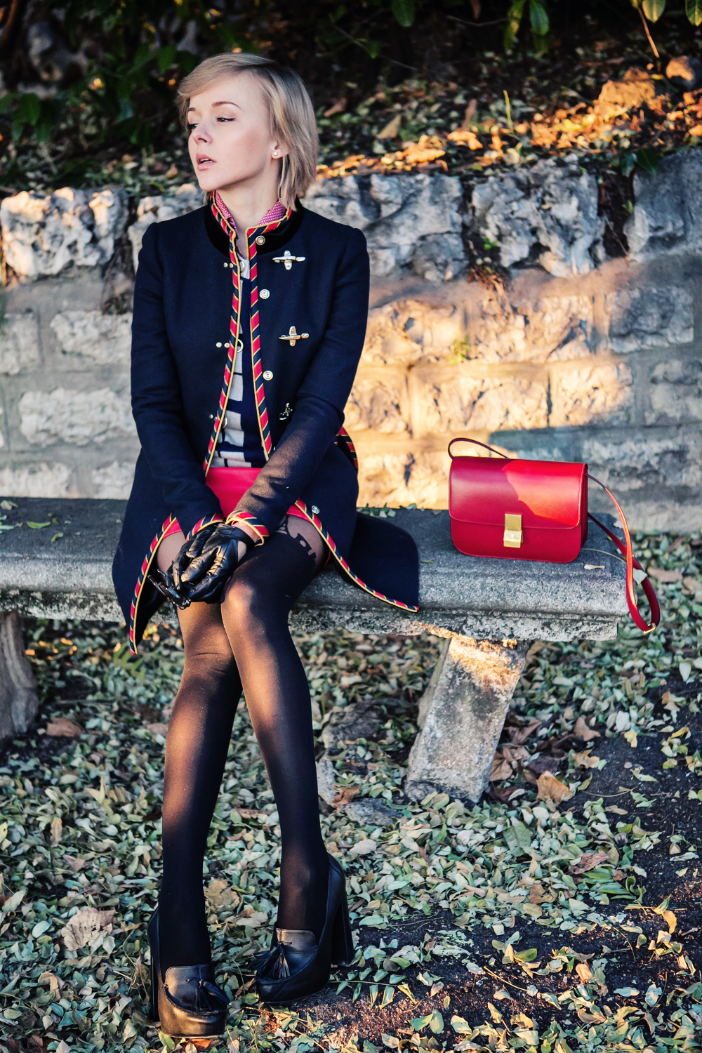 darya kamalova thecablook fashion blog russian blogger italy moda street style pixie short hair fashion blogger celine classic box bag red efil tower tights asos fay coat topshop chunky heels star ring thallo red leather skirt etro shirt brescia-11 co