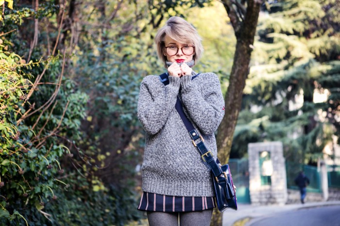 thecablook darya kamalova fashion blog street style outfit short hair blogger fay wool grey sweater school skitr loafers giant vintage glasses pixie haircut-17 copy