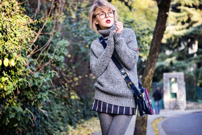 thecablook darya kamalova fashion blog street style outfit short hair blogger fay wool grey sweater school skitr loafers giant vintage glasses pixie haircut-21 copy