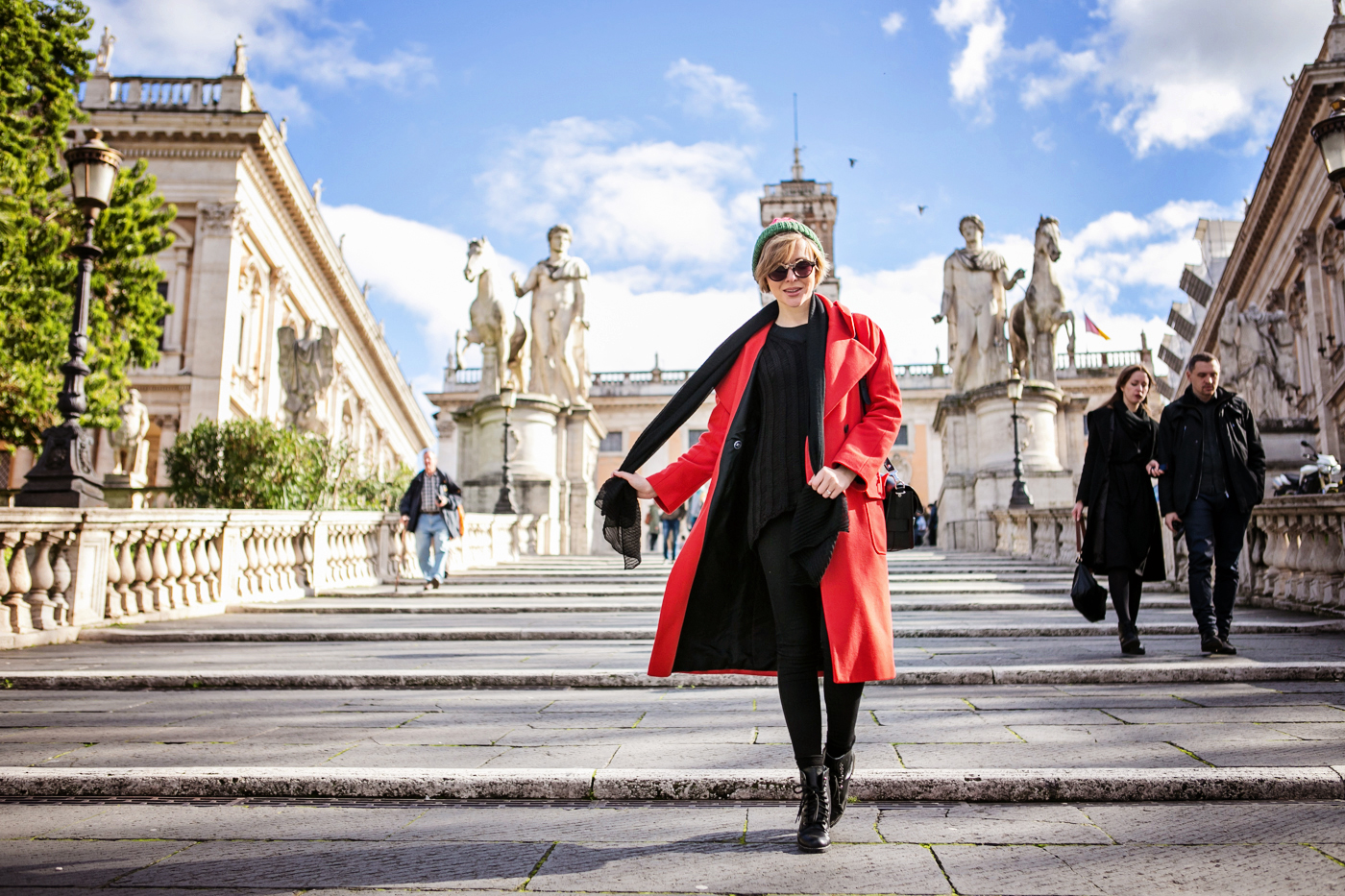 darya kamalova thecablook russian italian fashion bogger street style trend asos long red coat watermelon hat proenza schouler ps11 bag dr denim jeans rome roma centro storico le bunny blue booties italia italy-33