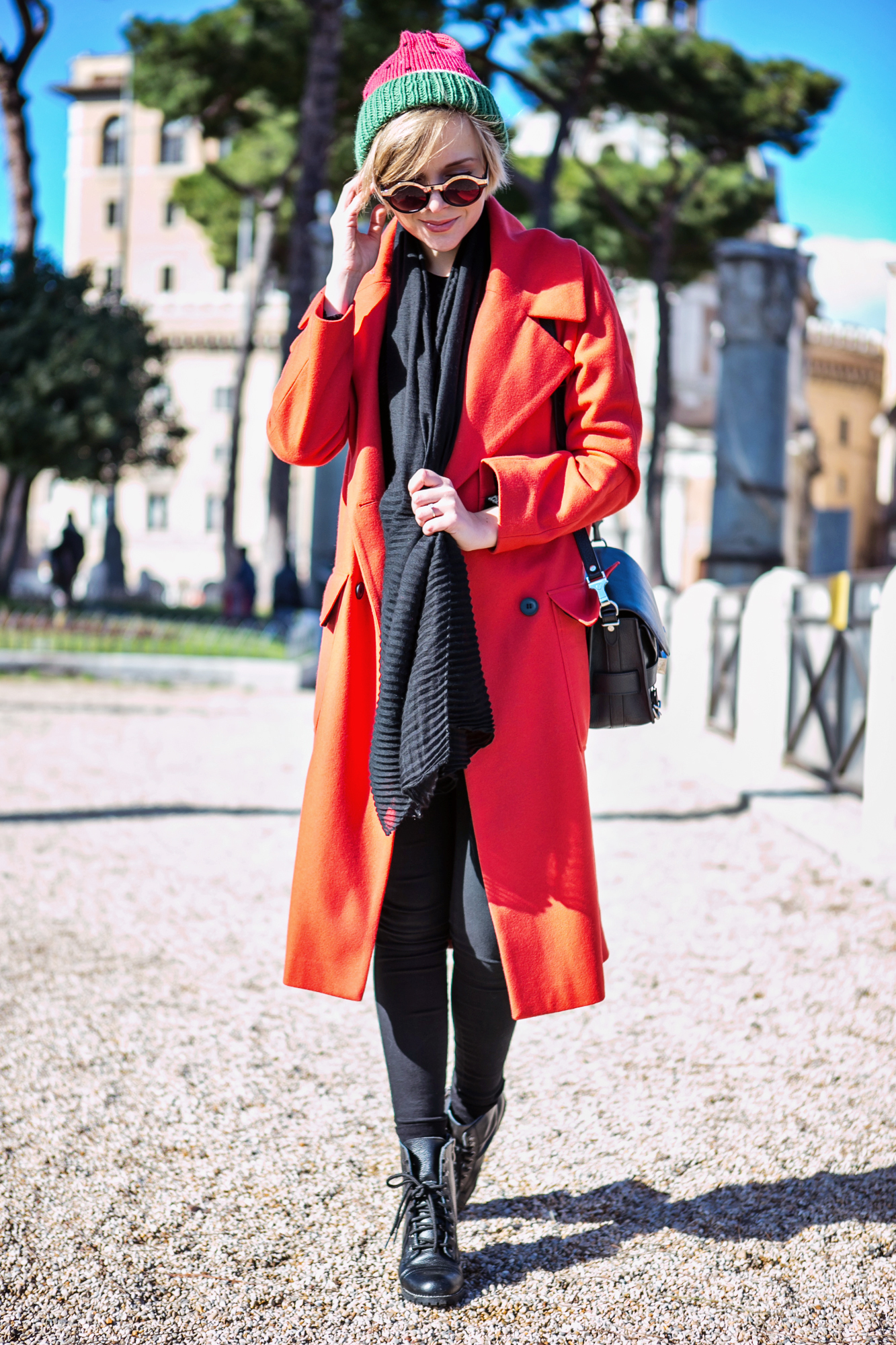 darya kamalova thecablook russian italian fashion bogger street style trend asos long red coat watermelon hat proenza schouler ps11 bag dr denim jeans rome roma centro storico le bunny blue booties italia italy-44